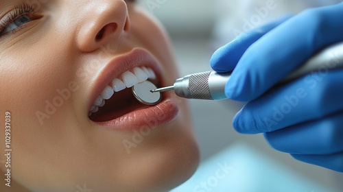 A dental professional examines a patient's teeth with a dental tool.