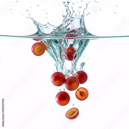 red grapes splashing into water with air bubbles