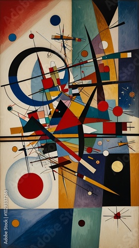 Composition VIII - Wassily Kandinsky An abstract work featuring geometric shapes and vibrant colors, expressing the artist's belief in the emotional power of color and form 