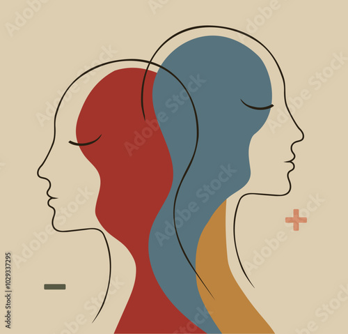 Metaphor bipolar disorder mind mental. Double face. Mood disorder concept. Bipolar disease. Split personality. Psychology. Mental health. OurMindMatter. 2 head silhouette. Psychiatry