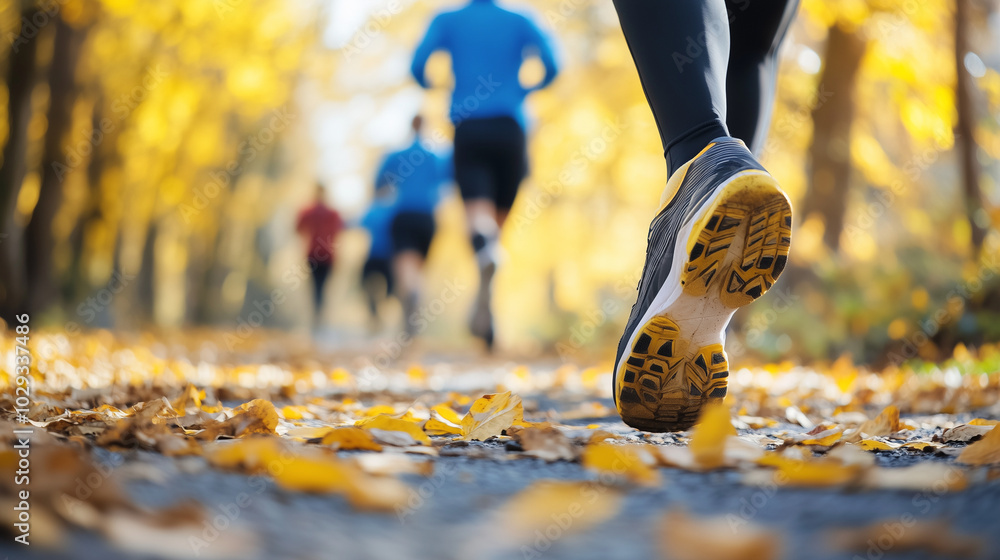 Obraz premium Grupa biegaczy, która energicznie trenują na malowniczej trasie w parku.