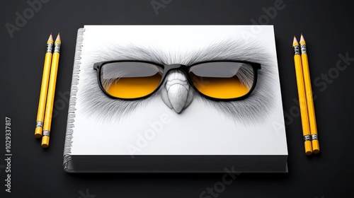 Sketchbook Owl with Sunglasses: A creative, hyperrealistic pencil sketch of an owl wearing sunglasses adorns a sketchbook, surrounded by yellow pencils on a dark background.  Captures artistry, wit. photo