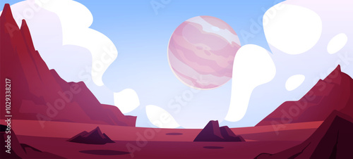 Cosmic alien game landscape, dusk dawn desert surface with mountains, vector fantasy space planet in the sky background