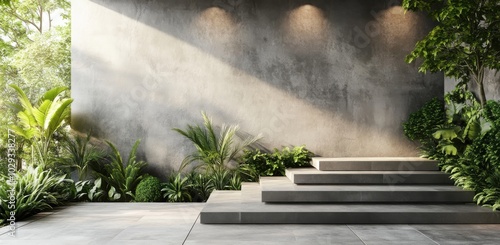 Modern minimalist garden with a gray stone wall and lush green plants for peaceful outdoor spaces