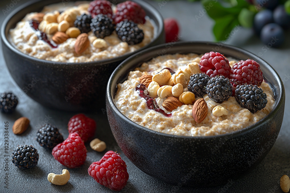 Tasty oatmeal bowls with berries and nuts in sunlight Tasty oatmeal bowls with berries and nuts in sunlight