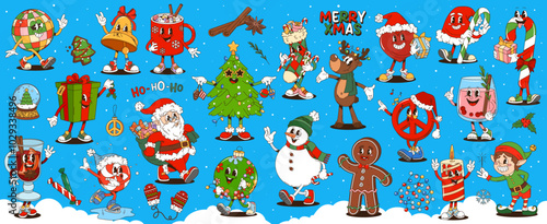 Retro cartoon groovy Christmas characters, Xmas and New Year holidays vector stickers. Funny Santa Claus, Christmas tree and snowman with gift. Funky hippie peace sign and candy cane groovy personages