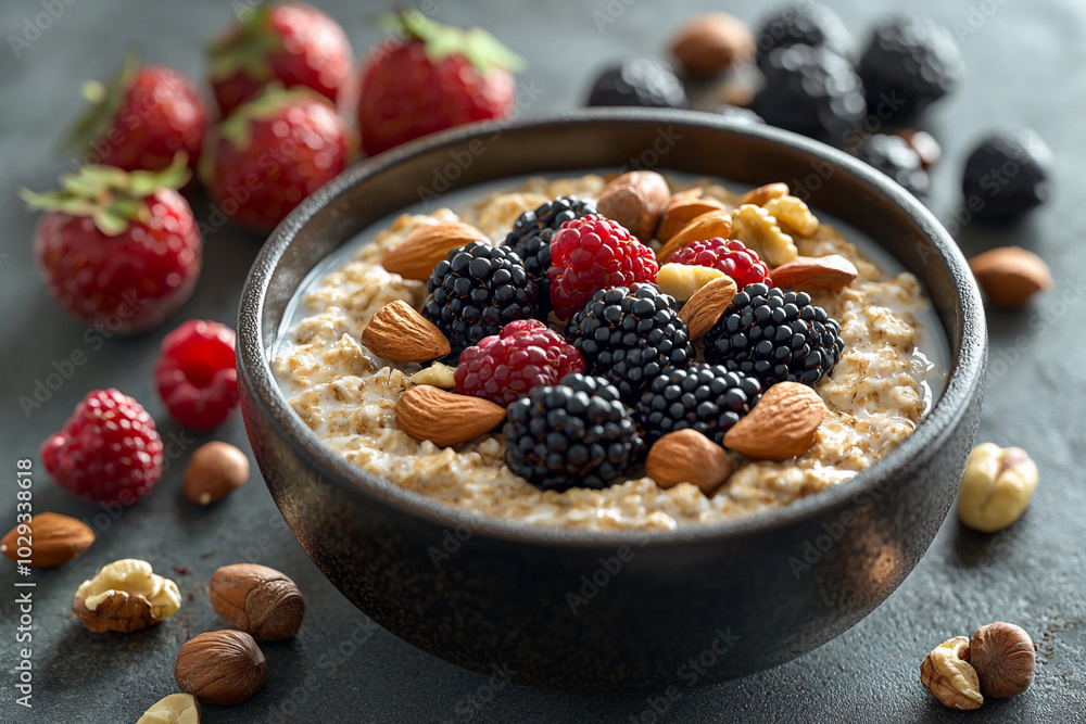 Healthy oatmeal bowl topped with berries and nuts on a dark surface Healthy oatmeal bowl topped with berries and nuts on a dark surface