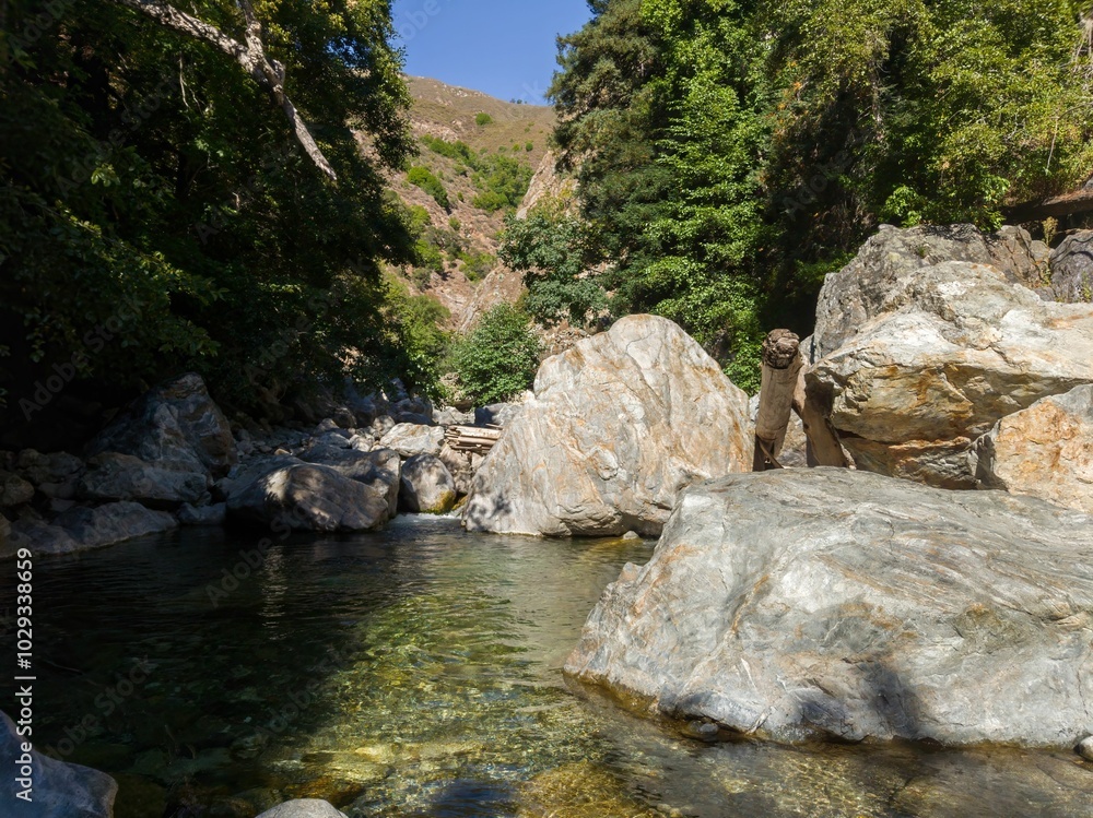Scenic view of Big Sur River surrounded by lush greenery in California Scenic view of Big Sur River surrounded by lush greenery in California