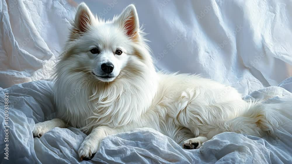 A white fluffy dog lays on a bed of white sheets A white fluffy dog lays on a bed of white sheets