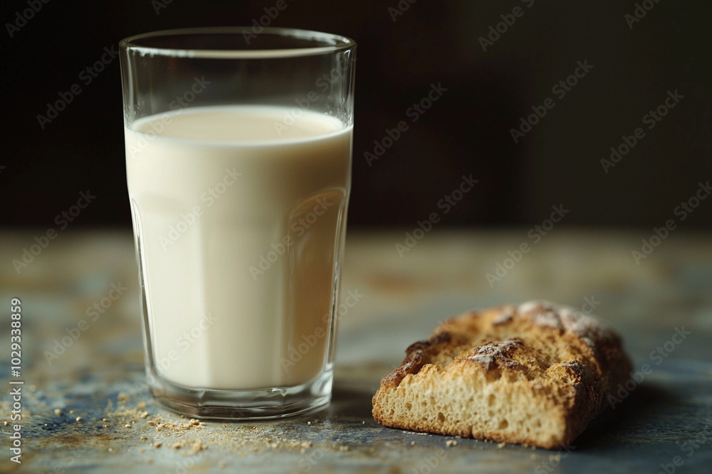 A glass of fresh milk beside a piece of homemade bread A glass of fresh milk beside a piece of homemade bread