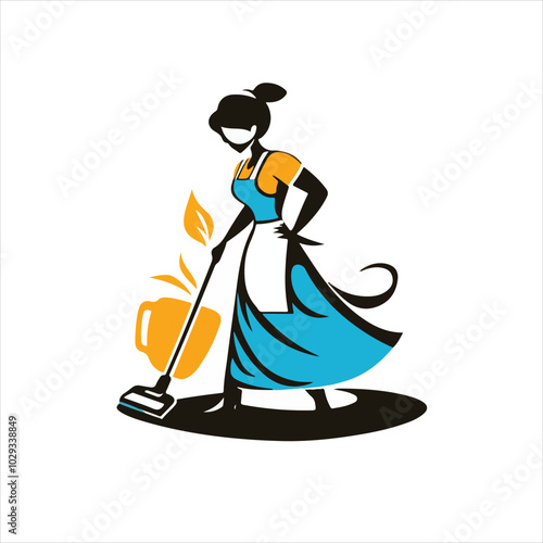 Simple logo of a housekeeper, with a vacuum cleaner on a white background.