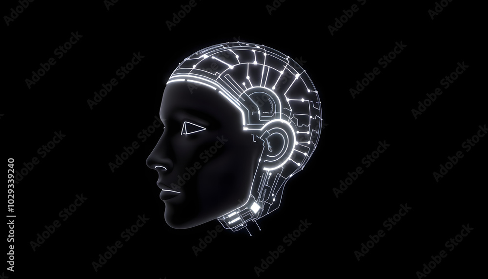 Obraz premium Futuristic human head, black with bright lines. Concept of artificial intelligence. 3D render / rendering isolated with white highlights, png
