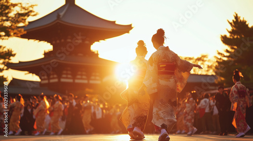 Awa Odori Festival in the afternoon, male and female dancers move together in typical dance movements, traditional Japanese buildings in the background, Ai generated images photo