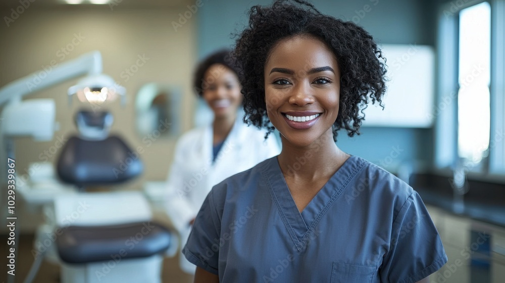 Smiling healthcare professional in scrubs stands confidently in a dental clinic with a colleague in the background Smiling healthcare professional in scrubs stands confidently in a dental clinic with a colleague in the background