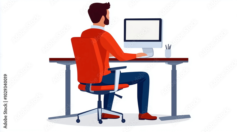 Proper Desk Setup - An office worker sitting with correct posture at a desk, with a monitor at eye level, ergonomic chair, and keyboard and mouse at the right height Proper Desk Setup - An office worker sitting with correct posture at a desk, with a monitor at eye level, ergonomic chair, and keyboard and mouse at the right height