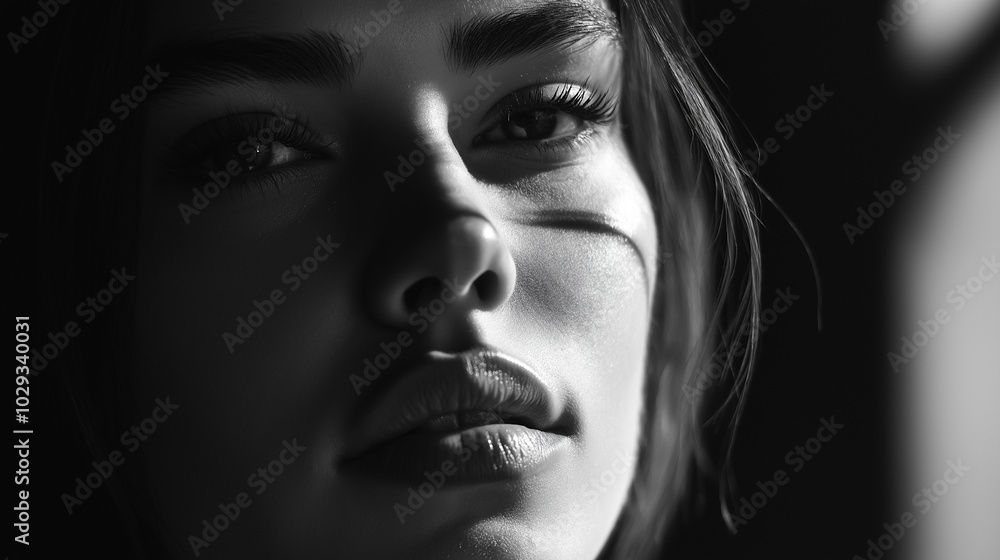 High-contrast black-and-white portrait of a woman with harsh lighting accentuating the contours of her face. Sharp shadows highlight her skin texture and strong features High-contrast black-and-white portrait of a woman with harsh lighting accentuating the contours of her face. Sharp shadows highlight her skin texture and strong features