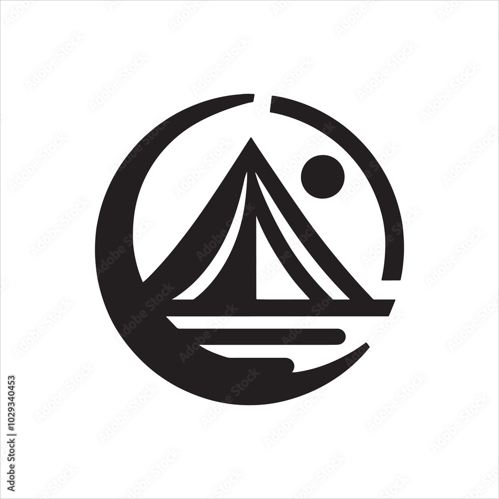 Fototapeta premium Mountain camping logo with tent and moon silhouette vector illustration
