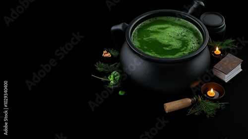 Witch's Brew: A cauldron brimming with bubbling green potion, surrounded by mystical ingredients like candles and sprigs of rosemary, creates an eerie and enchanting scene. photo