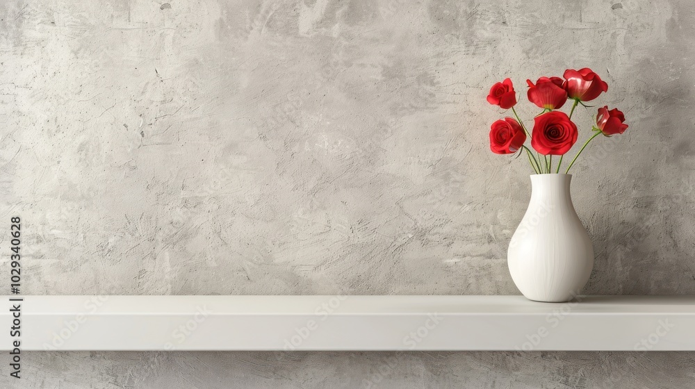 Red roses in a white vase on a white shelf against a grey wall Red roses in a white vase on a white shelf against a grey wall