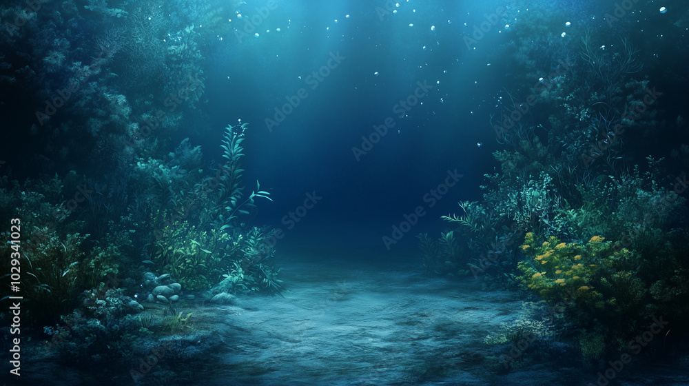 Fototapeta premium Głębiny oceanu, gdzie z każdym metrem woda staje się coraz ciemniejsza, a światło zanika powoli, tworząc atmosferę ciszy i tajemniczości. 