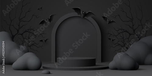 3d black Halloween podium stage. Vector eerie background with charcoal stage and arch surrounded by flying bats, clouds and bare trees. Dark scene creates spooky vibe for Halloween holiday promotions