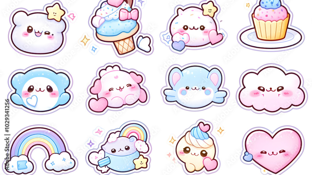 Kawaii vector set showcasing cheerful food, animals, and decorative items. Kawaii vector set showcasing cheerful food, animals, and decorative items.