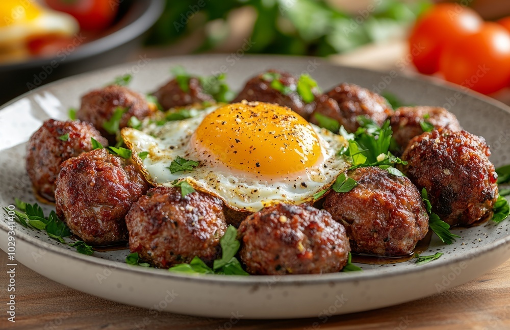 Mini Meatballs Plate with Sunny Side Up Egg Center Mini Meatballs Plate with Sunny Side Up Egg Center