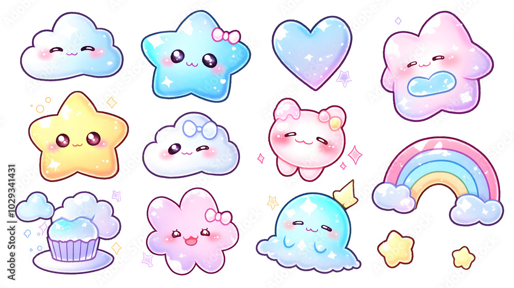 A cute Kawaii vector set featuring smiling stars, hearts, and clouds. A cute Kawaii vector set featuring smiling stars, hearts, and clouds.