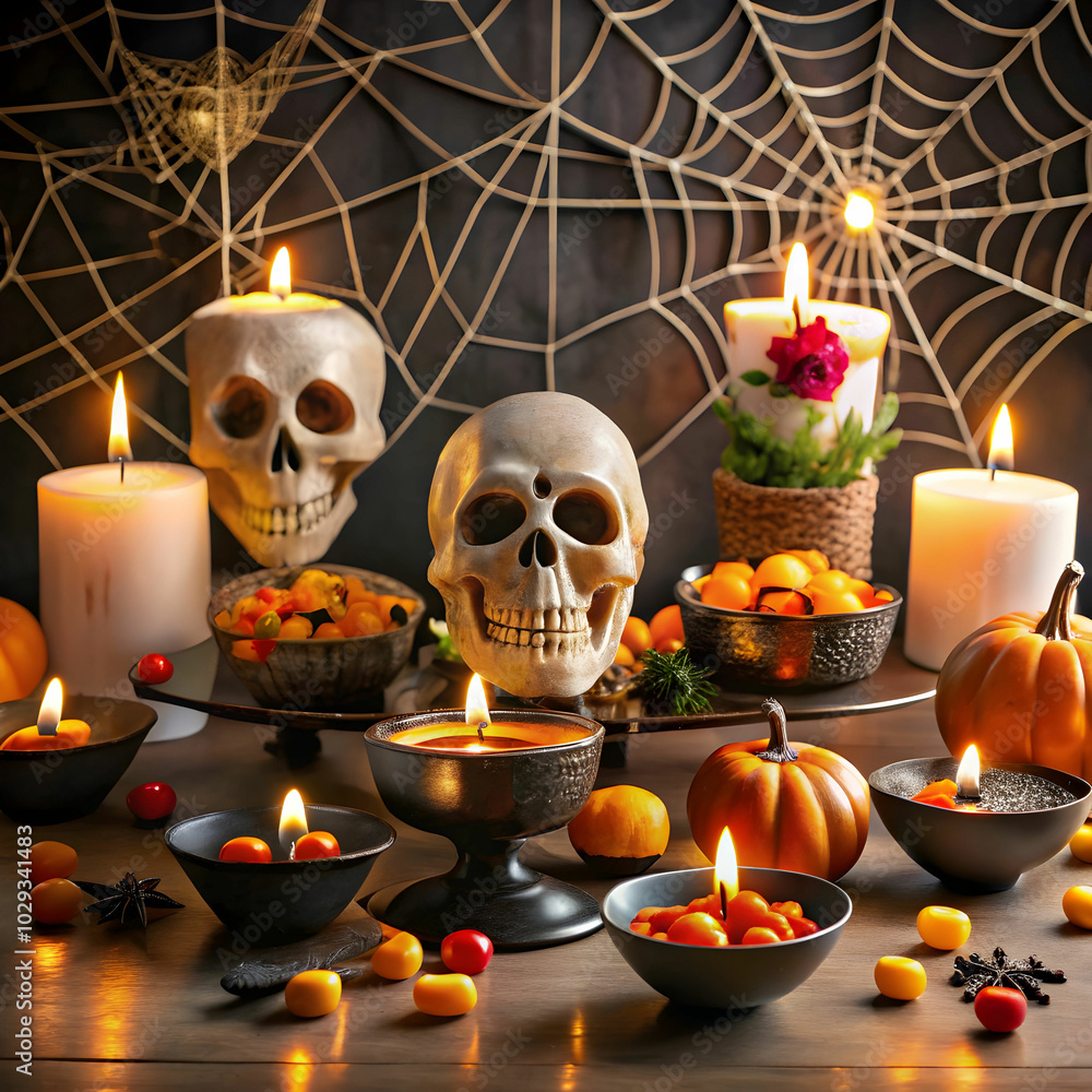 A festive Halloween party table adorned with spiderweb decorations A festive Halloween party table adorned with spiderweb decorations