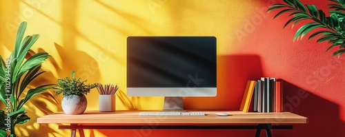 Wallpaper Mural A vibrant home office setup featuring a sleek computer, colorful wall, and greenery, perfect for inspiration and creativity. Torontodigital.ca