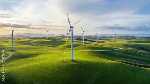 Expansive wind farm with multiple turbines turning in a green landscape, demonstrating the power of wind energy