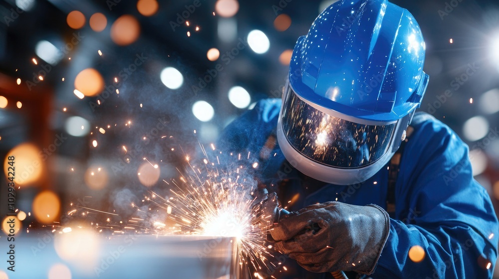 Worker Welding in Industrial Workshop with Sparks
