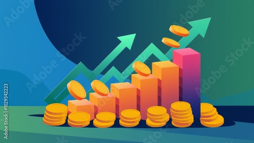 Abstract illustration of rising bar charts, coins, and arrows, symbolizing financial growth, investment success, and economic progress, with modern, clean lines and vibrant colors. photo