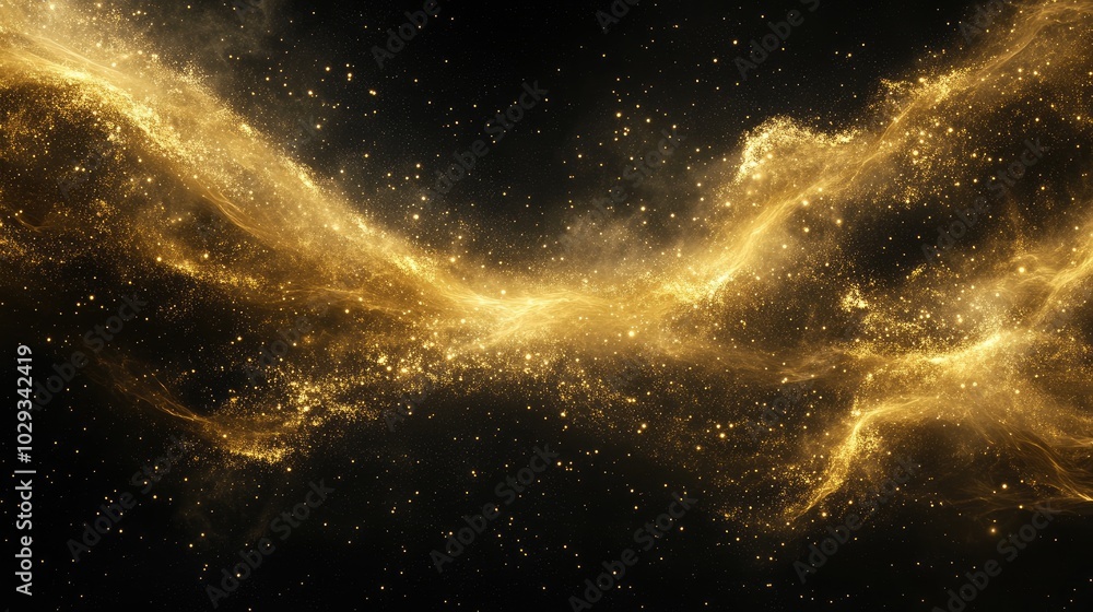 Flow of golden dust drifting in a deep black space, creating an ethereal and captivating visual display Flow of golden dust drifting in a deep black space, creating an ethereal and captivating visual display