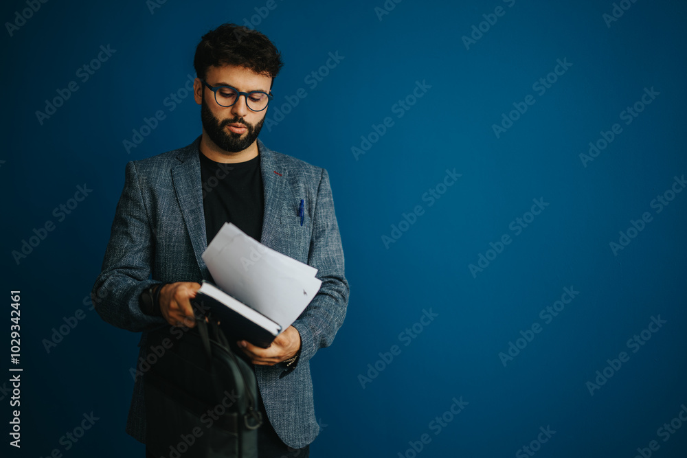 A young professional in a blazer examines documents. The image captures a moment of concentration and focus against a plain blue background, emphasizing a business-like atmosphere. A young professional in a blazer examines documents. The image captures a moment of concentration and focus against a plain blue background, emphasizing a business-like atmosphere.