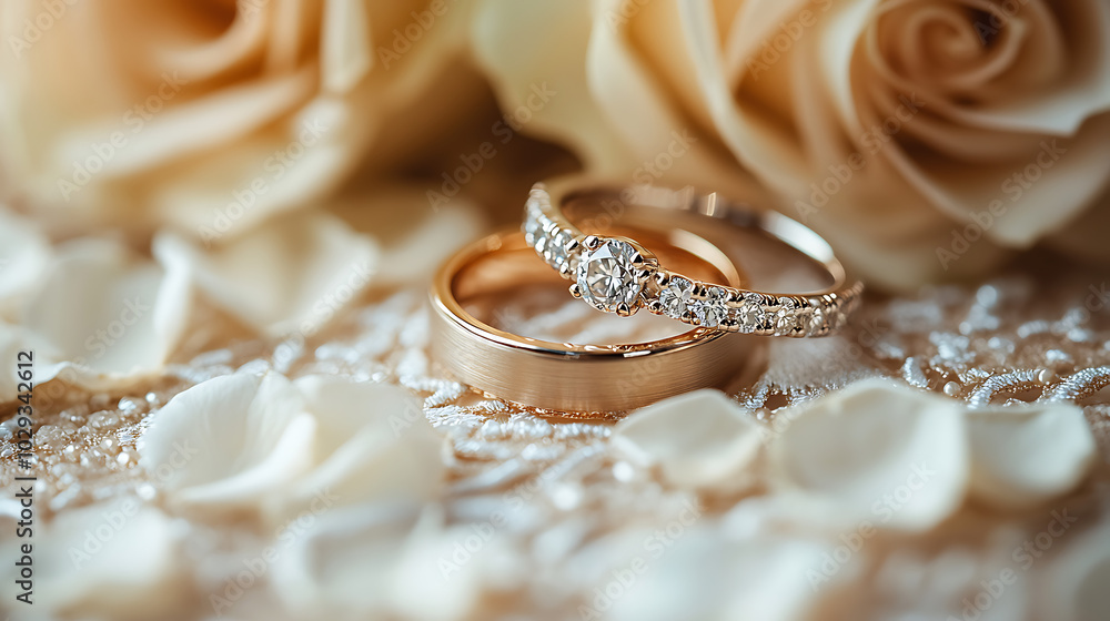 Elegant wedding rings on a bed of rose petals, soft and romantic atmosphere. Elegant wedding rings on a bed of rose petals, soft and romantic atmosphere.