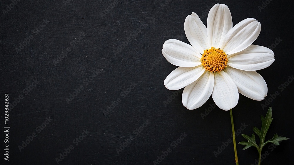 Obraz premium A white flower with a yellow center on a black surface, surrounded by green leaves on a stem