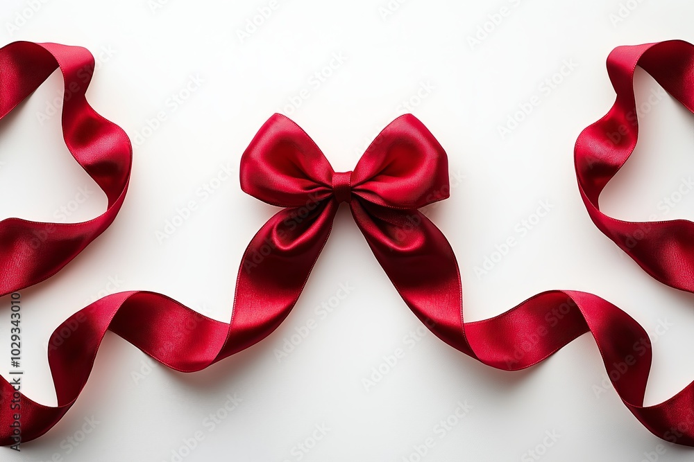 Simple red ribbon curls gracefully positioned along the sides of a white background Simple red ribbon curls gracefully positioned along the sides of a white background