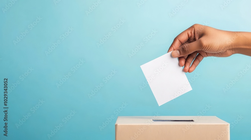 Hand casting vote into ballot box, blue background for election theme.