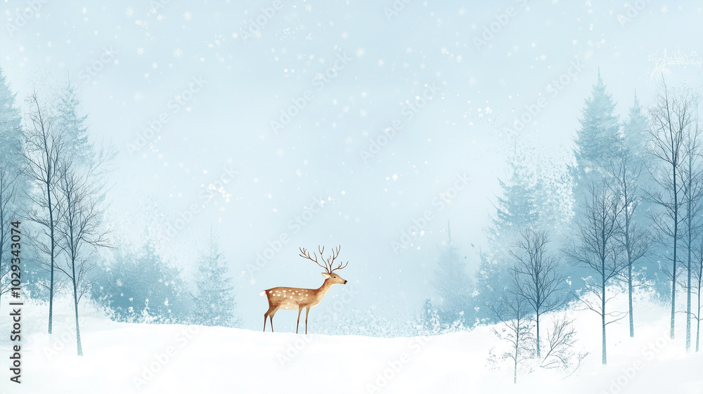 Reindeer in the snow covered forest, merry christmas holiday greeting card, winter season, animal cartoon illustration for children, fairy tale Reindeer in the snow covered forest, merry christmas holiday greeting card, winter season, animal cartoon illustration for children, fairy tale