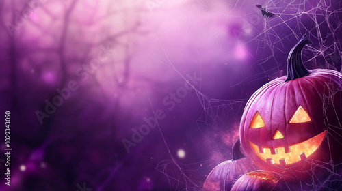 Violet Halloween background with pumpkin and tree. Abstract grunge wallpaper for holiday party