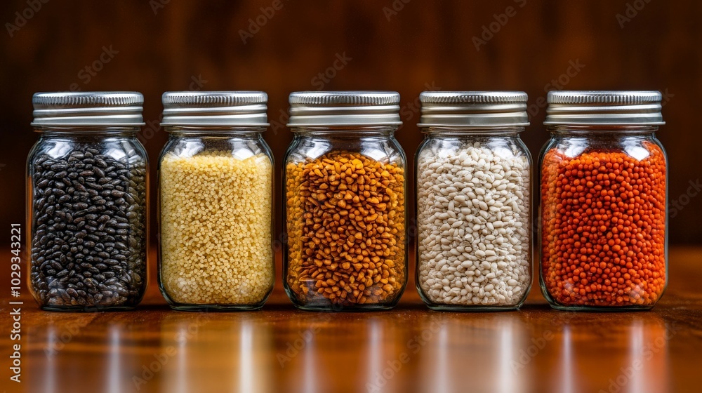 Vibrant Lentils: A spectrum of colorful lentils in glass jars, arranged on a dark wooden surface. A feast for the eyes and a culinary inspiration. Vibrant Lentils: A spectrum of colorful lentils in glass jars, arranged on a dark wooden surface. A feast for the eyes and a culinary inspiration.