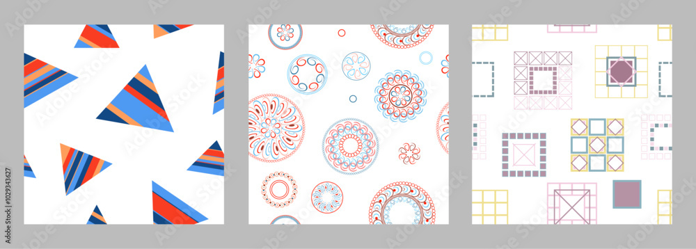 Seamless pattern of geometric shapes. Bright seamless pattern. Set of 3 patterns. Design for fabric, wallpaper, wrapping paper. Vector Seamless pattern of geometric shapes. Bright seamless pattern. Set of 3 patterns. Design for fabric, wallpaper, wrapping paper. Vector