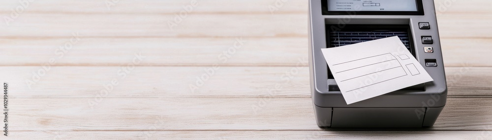 ATM machine with a card being processed on a light wooden surface. ATM machine with a card being processed on a light wooden surface.