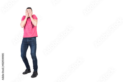 Фотография Afraid male covering face in fear. White background