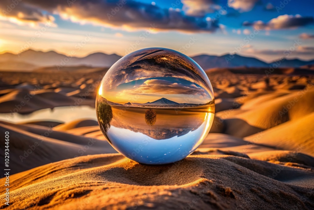 Obraz premium Floating Sphere Reflecting a Desert - Double Exposure Photography for Stunning Visuals