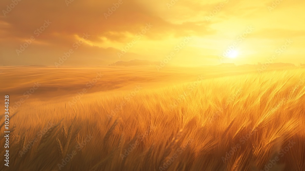Golden wheat fields under the setting sun, with a soft autumn breeze. Golden wheat fields under the setting sun, with a soft autumn breeze.