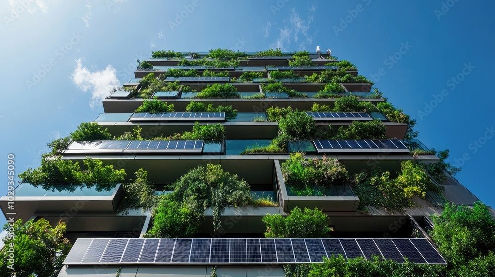 Futuristic residential building with solar panels and green walls, combining new energy technologies with eco-friendly design Futuristic residential building with solar panels and green walls, combining new energy technologies with eco-friendly design