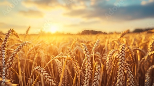 Golden wheat fields under the setting sun, with a soft autumn breeze.