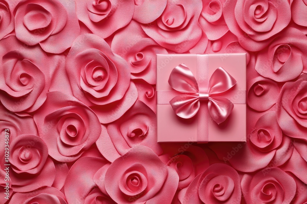 Rose Special Surprise: Pink Gift Box Wrapped in Red Ribbon on Festive Rose Background Rose Special Surprise: Pink Gift Box Wrapped in Red Ribbon on Festive Rose Background